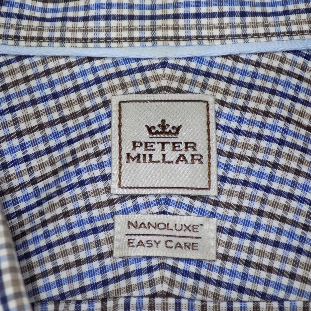 Peter Millar Nanoluxe Shirt Mens 17.5 Blue Brown Check Extra Long Button-Down - Picture 5 of 9